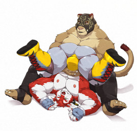 anthro bulge butt detailed_bulge duo lucha_libre_mask luchador male male/male mask musclegut muscular nipples pinning_down simple_background sports_mask sportswear suplex tail trapezius white_background wrestler wrestling wrestling_mask jumperbear kowan_(character) ricius_teck canid canine canis cougar domestic_dog felid feline husky mammal nordic_sled_dog spitz absurd_res hi_res