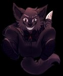 2018 absurd_res anthro black_eyes black_nose canid canine canis clenched_teeth clothed clothing crouching digital_media_(artwork) eyebrows flavia-elric fluffy fluffy_tail footwear fur hi_res holding_knife holding_melee_weapon holding_object holding_weapon knife looking_at_viewer looking_down male mammal melee_weapon open_mouth open_smile sharp_teeth shoes smile solo tail teeth weapon white_sclera wolf