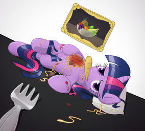 body_sushi bread cutlery eating female feral food food_fetish food_play fork fur hair horn inside kitchen_utensils looking_at_viewer lying multicolored_hair object_in_mouth on_side pasta photo pillow purple_body purple_eyes purple_fur purple_hair semi-anthro solo spaghetti tools two_tone_hair surgicalarts friendship_is_magic hasbro my_little_pony mythology twilight_sparkle_(mlp) equid equine mammal mythological_creature mythological_equine unicorn 2012 hi_res