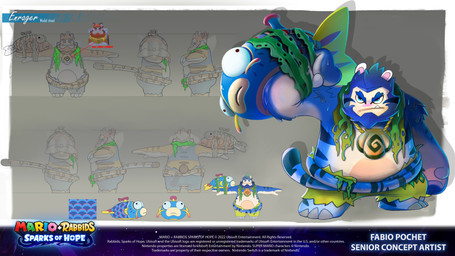 3_toes anthro barbel_(anatomy) beard blue_beard blue_body blue_bottomwear blue_clothing blue_eyebrows blue_eyes blue_facial_hair blue_fur blue_hair blue_pants blue_stripes blue_tail blue_topwear blue_vest bottomwear claws closed_frown clothed clothed_anthro clothed_male clothing eyebrows facial_hair fangs feet front_view frown frowning_at_viewer fur furrowed_brow furrowed_eyebrows green_bottomwear green_clothing green_shorts grey_background grey_claws hair inflatable_toy jewelry kelp long_ears long_tail looking_at_viewer male markings mitten_hands mouth_closed multicolored_body multicolored_fur multicolored_tail necklace noseless orange_beard orange_body orange_facial_hair pants pink_inner_ear rear_view red_eyes seashell seashell_necklace shell short_legs shorts side_view simple_background solo standing striped_markings striped_tail stripes t-pose tail tail_markings tan_body tan_skin teeth text title toe_claws toes topwear turnaround vest fabio_pochet mario_plus_rabbids_sparks_of_hope nintendo raving_rabbids rayman_(series) ubisoft wildclaw_(mario_plus_rabbids) felid hybrid lagomorph mammal pantherine rabbid tiger 16:9 4k absurd_res artist_name colored concept_art crossover digital_drawing_(artwork) digital_media_(artwork) english_description english_text hi_res official_art widescreen