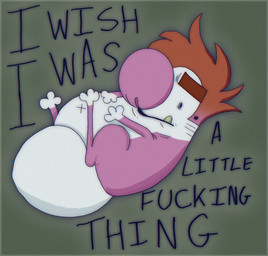 ambiguous_gender anthro belly big_nose black_lips blue_outline blue_text brown_hair eyebrows feet green_background hair hindpaw lips looking_back lying nude on_back outline paws pink_arms pink_legs pink_nose profanity simple_background solo tail teeth text thick_eyebrows tusks white_belly white_paws white_tail plentyofsoup soup_(plentyofsoup) cryptid unknown_species adversarial_noise chromatic_aberration digital_media_(artwork) english_text handwritten_text hi_res