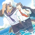 anthro brown_body brown_fur crystal duo fur grin jewelry male male/male necklace necktie partially_submerged sailor_hat sailor_uniform sea smile water mallards1305 lifewonders live_a_hero dog_operator protagonist_(live_a_hero) pubraseer canid canine canis domestic_dog mammal 1:1 hi_res