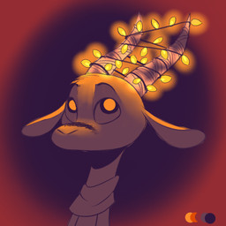 ambiguous_gender anthro christmas_decorations christmas_lights color_swatch facial_markings fur head_markings head_tuft horn light lights markings orange_background purple_background scarf simple_background solo tuft juantriforce chico_(fuel) antelope bovid gazelle mammal 1:1 2019 headshot_portrait hi_res icon lighting portrait restricted_palette