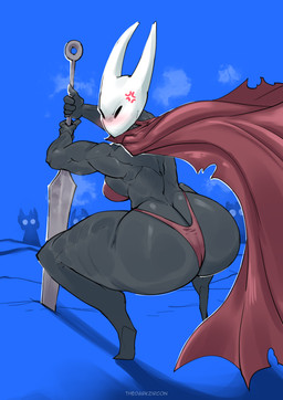 annoyed anthro back_muscles biceps big_butt biped black_body blush breasts butt clothed clothing crouching female holding_object holding_weapon looking_at_viewer looking_back monotone_body muscular muscular_anthro muscular_female no_pupils red_clothing solo_focus thick_thighs three-quarter_view weapon white_head thedarkzircon hollow_knight_(franchise) team_cherry background_character hornet_(hollow_knight) arthropod vessel_(species) hi_res