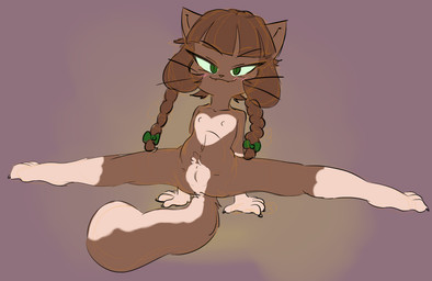 anthro braided_hair brown_body brown_fur brown_hair female female_anthro female_focus fur genitals green_eyes hair loli looking_at_viewer nipples paws presenting presenting_vulva smile smirk smug smug_face smug_grin solo spread_legs spreading standing_on_hands tail twintails_(hairstyle) vulva whiskers young young_anthro young_female anonymous_artist bittersweet_candy_bowl molly_(bcb) domestic_cat felid feline felis mammal colored detailed digital_drawing_(artwork) digital_media_(artwork) shaded