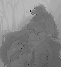 abs anatomically_correct anatomically_correct_genitalia anatomically_correct_penis animal_genitalia animal_penis anthro anthro_on_anthro areola balls big_areola big_penis bodily_fluids bottomwear breath buckle canine_genitalia canine_penis cloak clothing clothing_aside covering covering_another cuisse detailed_background duo eyebrows facial_scar fangs forest forest_background genital_fluids genitals grab_behind_knot greatsword handjob handjob_while_licking holding_another's_knot holding_another's_penis holding_clothing holding_knot holding_knot_root holding_melee_weapon holding_object holding_penis holding_weapon huge_penis hyper hyper_genitalia hyper_penis knot knot_grab knotted_penis leather leather_strap licking loincloth male male/male male_anthro melee_weapon motion_lines muscular muscular_anthro muscular_male musk musk_cloud nature nature_background oral penile penis penis_lick plant pointy_ears precum precum_squirt raised_eyebrows scar sex shaggy_hair shirtless_male size_difference snout straps teeth tongue tree underwear underwear_aside weapon unsavoryimpcat elden_ring fromsoftware blaidd_(elden_ring) canid canine canis mammal wolf absurd_res greyscale hi_res monochrome sketch