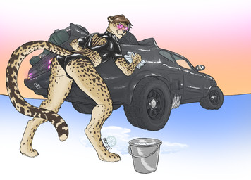anthro bucket car clothing container crop_top digitigrade eyewear glasses hair latex looking_at_viewer looking_back looking_back_at_viewer male shirt solo tail topwear vehicle washing_car brazato mad_max cheetah felid feline mammal hi_res