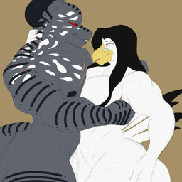 anthro arm_around_neck black_hair blue_eyes brown_background chest_markings eye_contact eyewear eyewear_only glasses glasses_only hair horn hug long_hair looking_at_another looking_down looking_down_at_another looking_up_at_another male male/male markings muscular muscular_anthro muscular_male nipples nude red_eyes romantic romantic_couple scar side_view simple_background smile tail tenderness wearing_glasses pillowymounds third-party_edit seth65_(colorist) microsoft the_elder_scrolls argon seth_grayson argonian avian bird scalie 1:1 absurd_res color_edit colored hi_res
