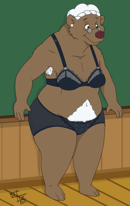 anthro armpit_hair biped body_hair bonnet breasts brown_body brown_fur chalkboard cheek_tuft classroom clothed clothing ear_piercing elderly elderly_female eyewear facial_tuft female fur glasses hair headgear headwear information_board mature_anthro mature_female navel overweight overweight_anthro overweight_female piercing pubes school simple_background smile solo standing tuft underwear white_hair white_pubes suce disney talespin mrs._morrissey bear mammal 2011 hi_res