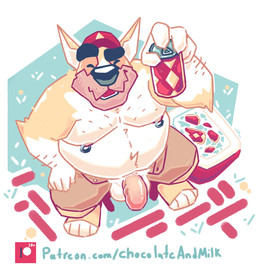 anthro arm_hair balls belly big_belly body_hair can chest_hair clothed clothing container eyes_closed flaccid front_view fur genitals hat headgear headwear holding_can holding_container holding_object male moobs nipple_piercing nipple_ring nipples obese obese_anthro obese_male open_bottomwear open_clothing overweight overweight_anthro overweight_male penis piercing pink_penis red_clothing red_hat red_headwear ring_piercing sitting solo text topless vein veiny_penis white_balls white_body white_fur yellow_body yellow_fur chocolateandmilk richard_(chocolateandmilk) canid canine canis domestic_dog mammal english_text hi_res url