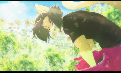 black_bars black_hair clothed clothing eyebrows eyes_closed flower hair open_mouth open_smile plant smile sunflower tail munkeesgomu munks_(munkeesgomu) domestic_cat felid feline felis mammal letterbox