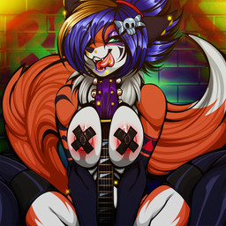 anthro areola between_breasts blue_hair breasts brown_body brown_fur clothing covering covering_self electric_guitar female fur graffiti green_eyes guitar hair holding_musical_instrument holding_object legwear licking licking_lips licking_own_lips mostly_nude musical_instrument nipple_outline nipple_tape object_between_breasts open_mouth pasties plucked_string_instrument self_lick smile solo spread_legs spreading string_instrument stripes tail tape tongue tongue_out tuft crystal-for-ever canid canine fox mammal 1:1 2016 hi_res