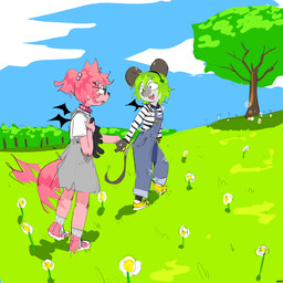 anthro braces clothing collar dress duo eyewear female female/female glasses hair hand_holding lgbt_pride overalls plushie ponytail pride_accessory pride_colors tail tail_motion tailwag transgender_pride_colors wings young bravobunny bravo_(bravobunny) lily_brambles canid canine canis mammal mouse murid murine rodent wolf 1:1 hi_res