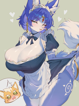 anthro big_breasts blue_arms blue_body blue_ears blue_eyebrows blue_fingers blue_fur blue_hair blue_hands blue_tail blush breast_squish breasts cleavage clothed clothing eyebrows female fingers fur hair huge_breasts maid_headdress maid_uniform squish tail thick_thighs tongue uniform white_body white_breasts white_fur wide_hips bluepudding nintendo star_fox fox_mccloud krystal_(star_fox) canid canine fox mammal 2025 3:4 digital_media_(artwork) hi_res