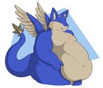 2_horns 4_fingers anthro bent_arm blue_body blue_fur blue_tail cheek_tuft eyes_closed facial_horn facial_tuft feathered_wings feathers featureless_chest fingers fur holding_belly horn long_tail male moobs multicolored_body multicolored_fur navel nose_horn obese obese_anthro obese_male overweight overweight_anthro overweight_male short_horn simple_background small_horn smile solo standing tail tan_body tan_feathers tan_fur tan_horn tan_wings thick_thighs thin_eyebrows tuft two_tone_body two_tone_fur white_background white_inner_ear wings theannoyingnpc mythology ikun_(crowred) angel_dragon dragon mythological_creature mythological_scalie scalie 2018 colored digital_drawing_(artwork) digital_media_(artwork) english_description shaded simple_shading