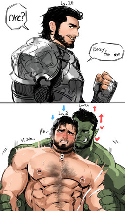armor attribute_theft beard begging_to_stop black_hair blush bodily_fluids body_hair chest_hair collar collar_only cum defeat_sex dialogue directional_arrow duo facial_hair forced gameplay_mechanics genital_fluids green_body green_skin hair heart_symbol human_on_humanoid interspecies level_drain level_number male male/male muscular muscular_human muscular_humanoid muscular_male mustache nipple_piercing nipple_ring nipples not_furry nude number piercing plate_armor polygonal_speech_bubble rape ring_piercing sex smile species_in_dialogue speech_bubble tears text tusks dopq instant_loss_2koma human humanoid mammal orc 2021 absurd_res english_text hi_res
