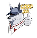 alternate_universe alternative_fashion anthro baseball_cap baseball_uniform cheek_tuft clothing facial_markings facial_tuft fur fuzzy gesture good_job grey_body grey_fur hand_gesture hat head_markings headgear headwear looking_at_viewer male markings mask_(marking) neck_tuft pointy_ears praise prick_ears red_eyes shirt simple_background smile solo sportswear text thumbs_up topwear tuft uniform white_background white_clothing hakiku17 dreamworks puss_in_boots_(franchise) death_(puss_in_boots) canid canine canis mammal wolf hi_res reaction_image