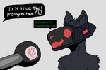 anthro black_body black_fur dialogue fur green_text grey_background humor interview joke machine male news offscreen_character red_eyes red_mouth simple_background solo speech_bubble text white_text avioylin deer_being_interviewed knightrider protogen 3:2 english_text meme