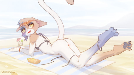 3_toes 5_fingers anklet anthro arched_back arm_tuft arms_bent barefoot beach beach_towel bedroom_eyes bent_legs beverage bikini bikini_bottom bikini_bottom_removed bikini_top bikini_top_only biped blue_body blue_fur blue_markings bottomless bottomless_anthro bottomless_female bracelet breasts butt calves_up claws clothed clothed_anthro clothed_female clothing cocktail_garnish cocktail_umbrella container countershade_face countershading cup cute_fangs dark_eyebrows dark_eyelids day detailed_background dipstick_tail drinking_glass ear_piercing elbow_tuft eyebrows fangs feet female female_anthro fingers fish_hook fish_hook_piercing fur glass glass_container glass_cup grey_anklet grey_bikini grey_claws grey_clothing grey_ear_piercing grey_jewelry grey_pawpads grey_piercing grey_swimwear half-closed_eyes hat headgear headwear hook humanoid_hands ice ice_cube iris jewelry long_tail looking_aside looking_aside_at_viewer looking_at_viewer looking_back looking_back_at_viewer lotion_bottle lying markings multicolored_body multicolored_fur narrowed_eyes noseless on_front one_fang open_mouth open_smile orange_body orange_bracelet orange_clothing orange_fur orange_hat orange_headwear orange_markings orange_tail_tip orange_wristband outside partially_clothed partially_clothed_anthro partially_clothed_female pawpads piercing pink_tongue plantar_flexion plantigrade plantigrade_pawpads pose pupils raised_tail sand sea seaside seductive side_view slim slim_anthro slim_female small_breasts smile smiling_at_viewer solo spread_toes string_bikini swimwear tail tail_markings teeth three-quarter_view toe_claws toes tongue towel tuft two-piece_swimsuit visor_cap water white_body white_countershading white_fur white_sclera white_tail white_tuft wristband yellow_eyes w4g4 epic_games fortnite meow_skulls domestic_cat felid feline felis mammal 2025 digital_drawing_(artwork) digital_media_(artwork) full-length_portrait hi_res pinup portrait