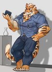 anthro blue_eyes clothed clothing countershading fur male muscular muscular_anthro muscular_male simple_background solo stripes salga_0310 nekojishi studio_klondike lin_hu felid mammal pantherine tiger 2020 hi_res