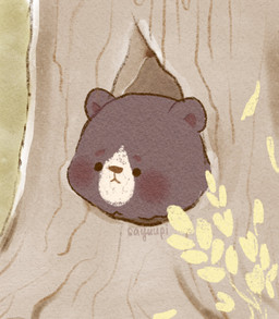 black_eyes blush brown_body brown_ears brown_nose chibi detailed_background dot_eyes feral front_view plant simple_eyes solo stuck tree sayuupi bear mammal 2021 hi_res signature