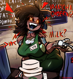 >w< apron barista beverage big_breasts big_butt black_hair black_sclera blue_tongue bow_ribbon breasts brown_body brown_hair brown_skin butt cash_register clothing coffee corpse dark_body dark_skin disguise emoji fangs female freckled_breasts freckled_face freckled_shoulders freckles glowing glowing_eyes green_apron green_clothing grey_body hair huge_breasts huge_butt huge_thighs machine menu metal metallic_body name_tag nightmare_fuel open_mouth open_smile question_mark red_text sharp_teeth short_hair skinsuit smile solo teeth text thick_thighs tight_clothing tongue white_body white_hands wide_hips x_eyes yellow_eyes diddlydooter1 glitch_productions i_mean_breast_milk murder_drones starbucks cyn_(murder_drones) tessa_(murder_drones) eldritch_abomination human humanoid mammal patchwork_creature robot robot_humanoid undead zombie hi_res meme
