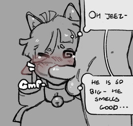 bulge collar detailed_bulge dialogue dizzy duo embarrassed fellatio female genital_outline male male/female oral penile penis_outline sex sniffing speech_bubble submissive translucent pvppypilled404 alien alien_humanoid animal_humanoid cat_humanoid felid felid_humanoid feline feline_humanoid human humanoid mammal mammal_humanoid sketch