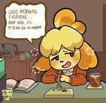 anthro beverage book breath clothing desk dialogue electronics female furniture microphone panting simple_eyes solo speech_bubble sweater table text topwear lilbunpinky animal_crossing nintendo isabelle_(animal_crossing) canid canine canis domestic_dog mammal english_text hi_res