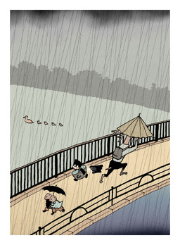 ambiguous_gender anthro antlers backpack barefoot biped border bridge broken_umbrella feet feral group holding_bag horn obscured_face plant quadruped raining shrub text umbrella water white_border tsuchika ambiguous_species anatid anseriform avian bear bird deer duck mammal english_text hi_res