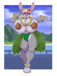 anthro big_breasts blonde_hair breasts bulge clothing coconut_bra detailed_bulge genital_outline grass_skirt gynomorph hair huge_breasts intersex penis_outline solo mehdrawings tea_(teabunni) lagomorph leporid mammal rabbit 3:4 absurd_res hi_res