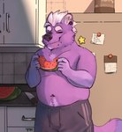 anthro appliance belly biped black_nose bottomwear clothed clothing cutlery detailed_background ear_piercing eating eyebrows eyes_closed food fruit fur hair inside kitchen kitchen_appliance kitchen_knife kitchen_utensils knife love_handles male melon moobs navel nipples pants piercing plant purple_body purple_fur shirtless slightly_chubby smile solo sweatpants text tools tuft unnatural_colors watermelon white_eyebrows white_hair spyz_(artist) kodi_(spyz) canid canine mammal 2022 artist_name digital_media_(artwork) hi_res portrait shaded three-quarter_portrait