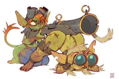 ass_up binoculars duo eyewear female goggles green_body green_skin gun hair long_ears object_on_butt one_eye_closed orange_hair pointy_ears ranged_weapon sharp_teeth shortstack simple_background tail tail_tuft tally_marks teeth tuft weapon white_background white_hair foresttherotten goblin humanoid hi_res