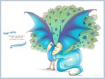 ambiguous_gender beak biped blue_body border dialogue feathers feral grey_border horn membrane_(anatomy) membranous_wings nude scales simple_background solo standing tail text unusual_anatomy white_background wings strawberrytfs avian bird chimera galliform hybrid peafowl phasianid reptile scalie snake 2019 artist_name colored english_text shaded