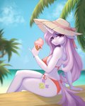 anthro anthrofied beach bikini biped clothing cloud cutie_mark dessert female female_anthro food fur hair hat headgear headwear horn ice_cream ice_cream_cone outside palm_tree pink_hair plant purple_body purple_fur sea seaside sky solo sun_hat sunny swimwear tree two-piece_swimsuit water u_lu_lu friendship_is_magic hasbro my_little_pony mythology fleur_de_lis_(mlp) equid equine horse mammal mythological_creature mythological_equine pony unicorn absurd_res hi_res