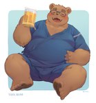 anthro belly big_belly blush bulge eyes_closed eyewear fur glasses humanoid_hands jinbei_(clothing) kemono male moobs navel nipples overweight overweight_male simple_background sitting solo white_body white_fur seamonsterping bear mammal 2023 absurd_res hi_res