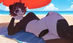 anthro balls beach black_body black_penis blue_eyes detailed_background eyewear femboy genitals glasses hand_on_leg hand_on_thigh humanoid_genitalia humanoid_penis male multicolored_body nude_anthro nude_male open_mouth penis solo thick_thighs wearing_glasses white_body krapekk bear giant_panda mammal hi_res