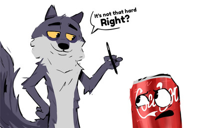 4_fingers ambiguous_gender anthro beverage_can casual_nudity dialogue drawing_pen duo eyebrows fingers fur fuzzy grey_body grey_fur half-closed_eyes hand_on_hip holding_object looking_at_another male multicolored_body multicolored_fur narrowed_eyes nude question simple_background size_difference smile speech_bubble standing tail text underbelly white_background yellow_eyes nixiewind coca-cola intermarche_unloved albert_(intermache_unloved) animate_inanimate canid canine canis mammal wolf english_text hi_res