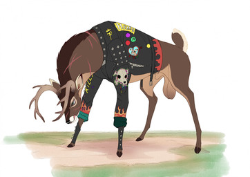 animal_genitalia antlers armor balls bracers brown_body brown_fur clothed clothed_feral clothing facial_scar feral fully_sheathed fur genitals hooves horn jacket leather leather_clothing leather_jacket leather_topwear lemon_testicles male multicolored_body multicolored_fur neck_scar quadruped saggy_balls scar sheath simple_background solo tan_balls tan_body tan_fur tan_sheath topwear white_background white_body white_fur shebeast deer mammal 2023 digital_media_(artwork) hi_res