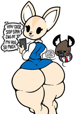 anthro anthro_on_anthro beady_eyes big_butt bodily_fluids bottomwear brown_body brown_fur butt clothing collared_shirt dialogue dress_shirt duo electronics female female_focus fur half-closed_eyes holding_object holding_phone huge_butt huge_hips huge_thighs hyper hyper_butt hyper_hips hyper_thighs ineffective_clothing laugh looking_at_viewer looking_back male male/female microskirt miniskirt mocking narrowed_eyes necktie open_mouth open_smile pencil_skirt phone rear_view sharp_teeth shirt simple_background skirt small_waist smile solo_focus speech_bubble standing sweat tan_body tan_fur teeth text thick_thighs topwear underbite wide_hips hypercawk aggretsuko sanrio fenneko haida_(aggretsuko) canid canine fennec_fox fox hyena mammal spotted_hyena true_fox english_text hi_res