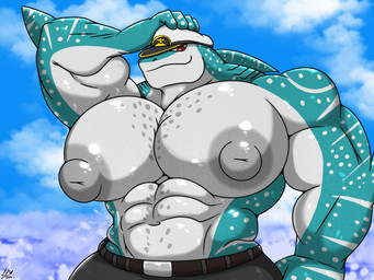 abs anthro areola belt big_muscles big_pecs bottomwear captain clothed clothing detailed_background grey_bottomwear grey_clothing grey_pants hand_on_head hat headgear headwear male muscular muscular_anthro muscular_male nipples pants pants_only pecs red_eyes solo topless friendly25 i.sharpion_(masterelrest) aquatic carpet_shark fish shark whale_shark 2026 dated digital_media_(artwork) hi_res signature