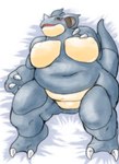 anthro anthrofied bed big_breasts blush breasts brown_eyes claws featureless_crotch female furniture horn huge_breasts lying mature_female nude on_back on_bed open_mouth semi-anthro slightly_chubby solo stocky thick_thighs wide_hips ketsuneko nintendo pokemon generation_1_pokemon nidoqueen pokemon_(species) hi_res