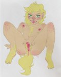 2021 andromorph animal_humanoid anus canid canid_humanoid canine canine_humanoid clitoris enlarged_clitoris eyelashes freckles fur gaypaw genitals green_eyes hi_res humanoid intersex mammal mammal_humanoid mid_transformation mythological_canine mythological_creature mythology nipples paws pink_nipples pink_pussy pussy signature simple_background solo tail tdick trans_(lore) trans_man_(lore) visibly_trans were werecanid werecanine werewolf white_background wolf_humanoid yellow_body yellow_fur young_(lore)