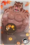 anthro bathing blush convenient_censorship food fruit kemono leaf male moobs musclegut muscular nipples overweight overweight_male plant sitting solo tangerine_(fruit) water pteragon knights_college hermann_(knights_college) mammal suid suina sus_(pig) wild_boar 2023 hi_res