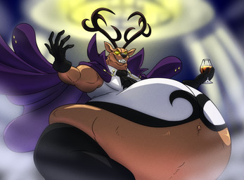 anthro antlers belly big_belly bottomwear cape clenched_teeth clothing fangs fur gloves glowing glowing_eyes handwear holding_glass holding_object horn low-angle_view male navel necktie obese obese_anthro obese_male outie_navel overweight overweight_anthro overweight_male pants solo teeth yellow_eyes reagan700 hart_mcarthur_the_iv deer mammal 2025 hi_res