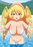 2024 absurd_res ahoge bikini blonde_hair breasts clothed clothing eldri_(interspecies_reviewers) eyebrow_through_hair eyebrows feathered_wings feathers female front_view hair hi_res humanoid interspecies_reviewers misokanaru open_mouth outside partially_submerged solo splashing_water swimwear translucent translucent_hair water wet wet_body wet_skin white_bikini white_bikini_bottom white_bikini_top white_clothing white_swimwear winged_humanoid wings yellow_body yellow_feathers yellow_wings