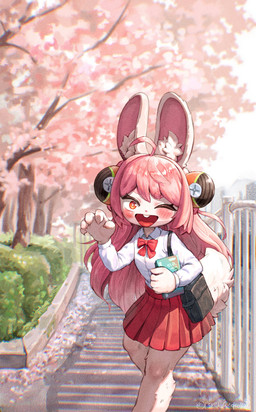 5_fingers ahoge anthro blush bottomwear braided_pigtails cherry_blossom claws clothed clothed_anthro clothed_female clothing detailed_background female fingers flat_chested flower fully_clothed fully_clothed_anthro fully_clothed_female fur hair inner_ear_fluff one_eye_closed one_tooth open_mouth outside pink_body pink_fur pink_hair plant prunus_(flower) red_bottomwear red_clothing red_eyes red_skirt school_uniform scut_tail shirt short_tail shoulder_bag shrub skirt solo tail topwear tree tuft uniform white_clothing white_shirt white_topwear peppergecko72 mihoyo zenless_zone_zero zhao_(zenless_zone_zero) lagomorph leporid mammal rabbit thiren absurd_res hi_res
