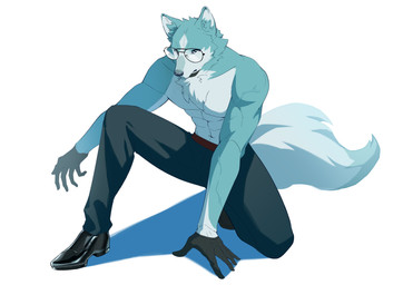 anthro athletic athletic_anthro athletic_male biped black_clothing black_footwear black_gloves black_handwear black_nose black_shoes blue_body blue_bottomwear blue_clothing blue_eyes blue_fur blue_pants bottomwear clothed clothing crouching eyewear fluffy fluffy_tail footwear fur glasses gloves half_naked handwear male pants simple_background solo tail white_background dxmdwq764027 brand_new_animal studio_trigger shirou_ogami canid canine canis mammal wolf 2023 absurd_res hi_res