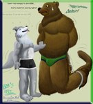 anthro belly bottomwear bound brown_body brown_fur bulge chain chained claws clothing december_(month) dialogue duo fur green_bottomwear green_clothing green_eyes hand_on_belly happy_birthday imminent_vore kneeling male male/male nervous size_difference slave smaller_pred speech_bubble teeth text tongue tongue_out bigbadbear big_bad_bear bear canid canine mammal 2004 colored dated english_text hi_res signature