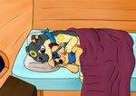 bed bed_sheet bedding duo feral furniture hug male male/male midnight_meowth nintendo pokemon sparkychu canid canine canis domestic_dog eeveelution generation_2_pokemon hybrid mammal pokemon_(species) quilava umbreon absurd_res hi_res