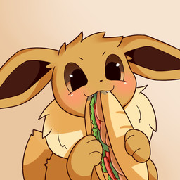ambiguous_gender blush bodily_fluids bread brown_body brown_eyes brown_fur brown_inner_ear ears_down eating fangs feral food fruit fur gradient_background head_tuft holding_food holding_object lettuce mane meat neck_tuft paws pivoted_ears plant saliva sandwich_(food) simple_background smile solo tail tan_body tan_fur teeth tomato tuft vegetable starryvolta nintendo pokemon eevee generation_1_pokemon pokemon_(species) 1:1